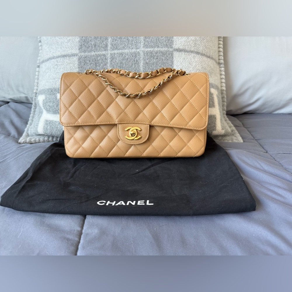 SOLD-CHANEL medium classic double flap dark beige